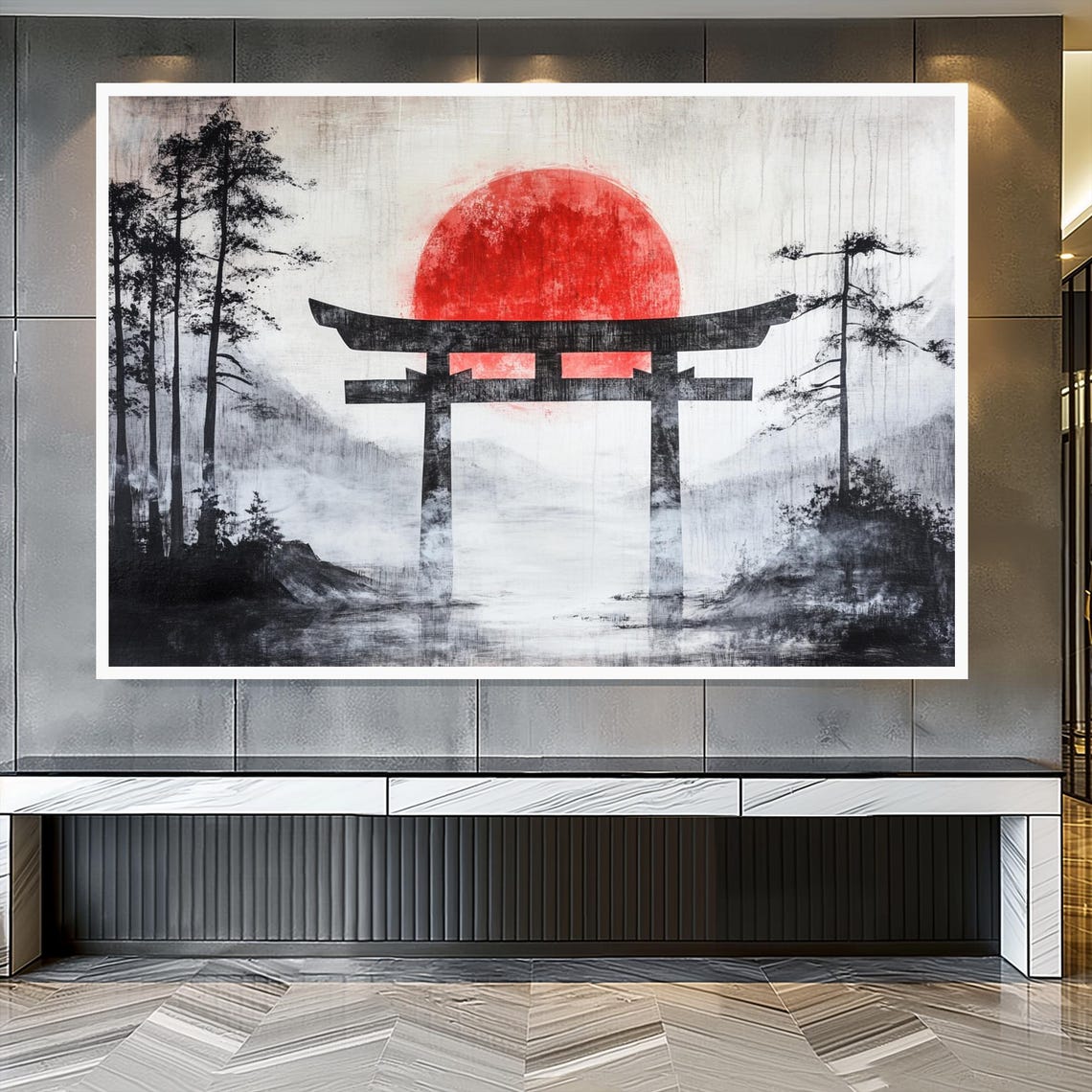 Black Torii Gate Red Sun Misty Lake Japanese Ink Landscape Poster - Image 3