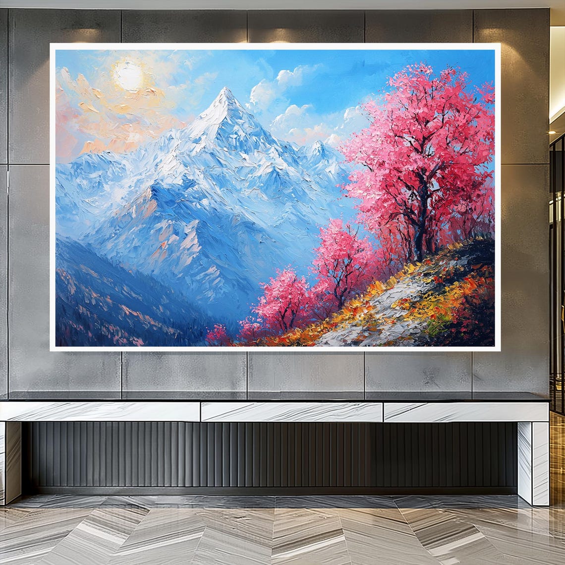 Snowy Mountain Peak Pink Flowering Trees Alpine Spring Poster - Image 3