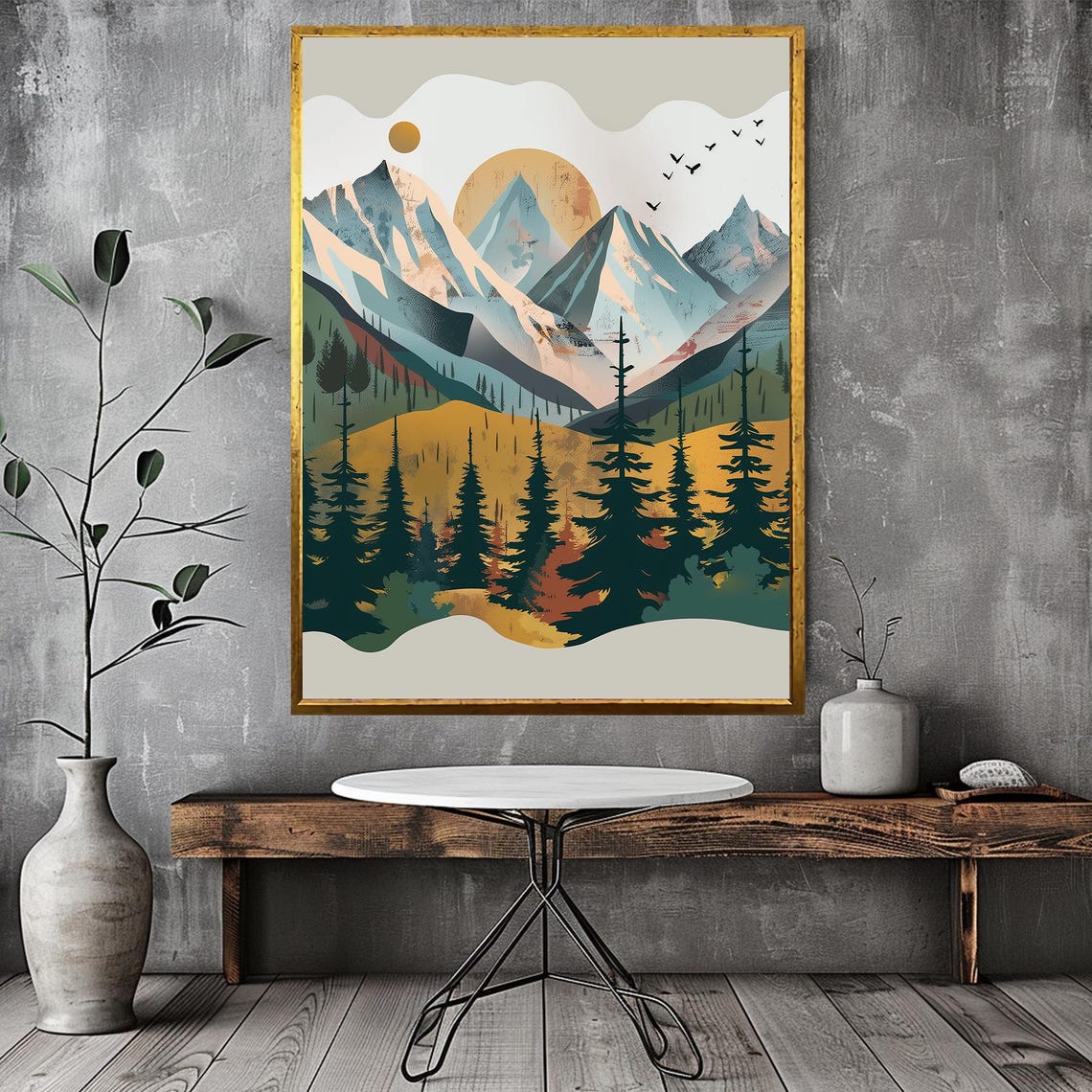 Abstract Autumn Mountain Forest Golden Sun Minimalist Art Poster - Image 2