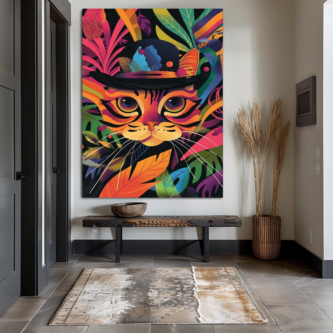 Whimsical Tabby Cat Wall Art Wearing a Hat among Tropical Leaves - Image 3