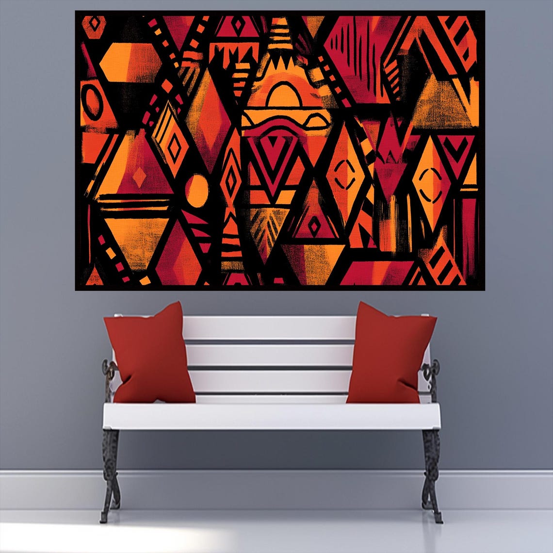 African Tribal Geometric Mask Pattern Red Orange Abstract Poster - Image 2