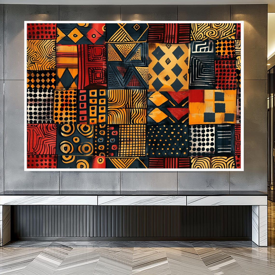 African Mudcloth Pattern Wall Art with Tribal Geometric Blocks - Image 2