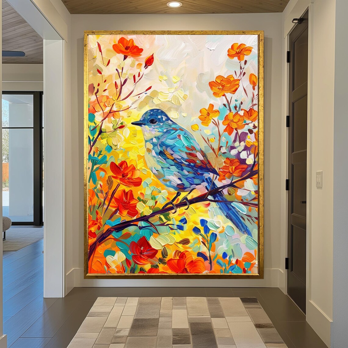 Colorful Blue Bird Wall Art with Orange Flowers in Painterly Style - Image 3