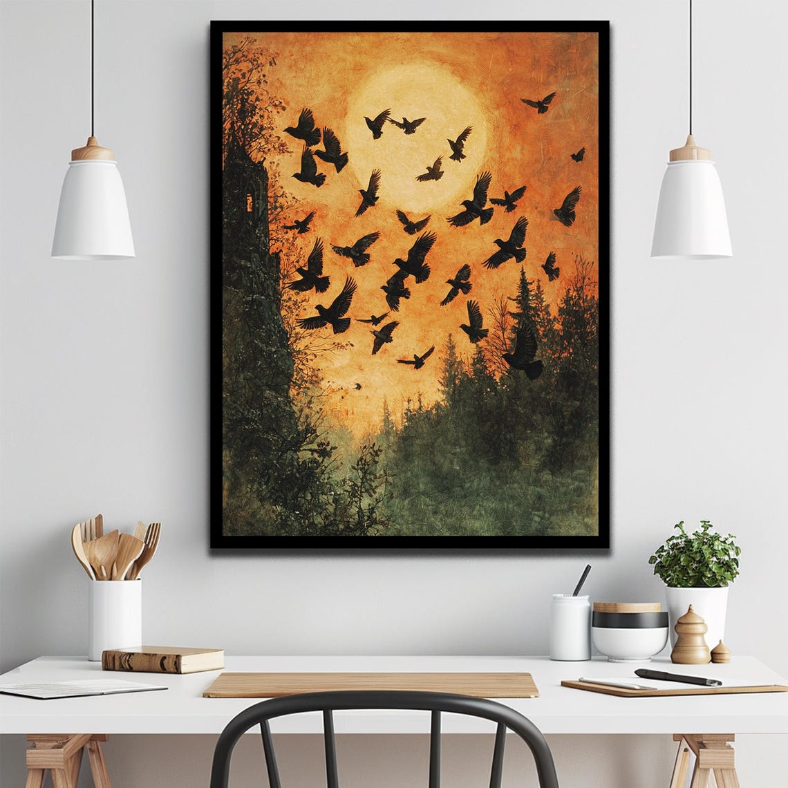 Ravens Flying Past Full Moon Orange Sky Gothic Bird Forest Wall Art - Image 3
