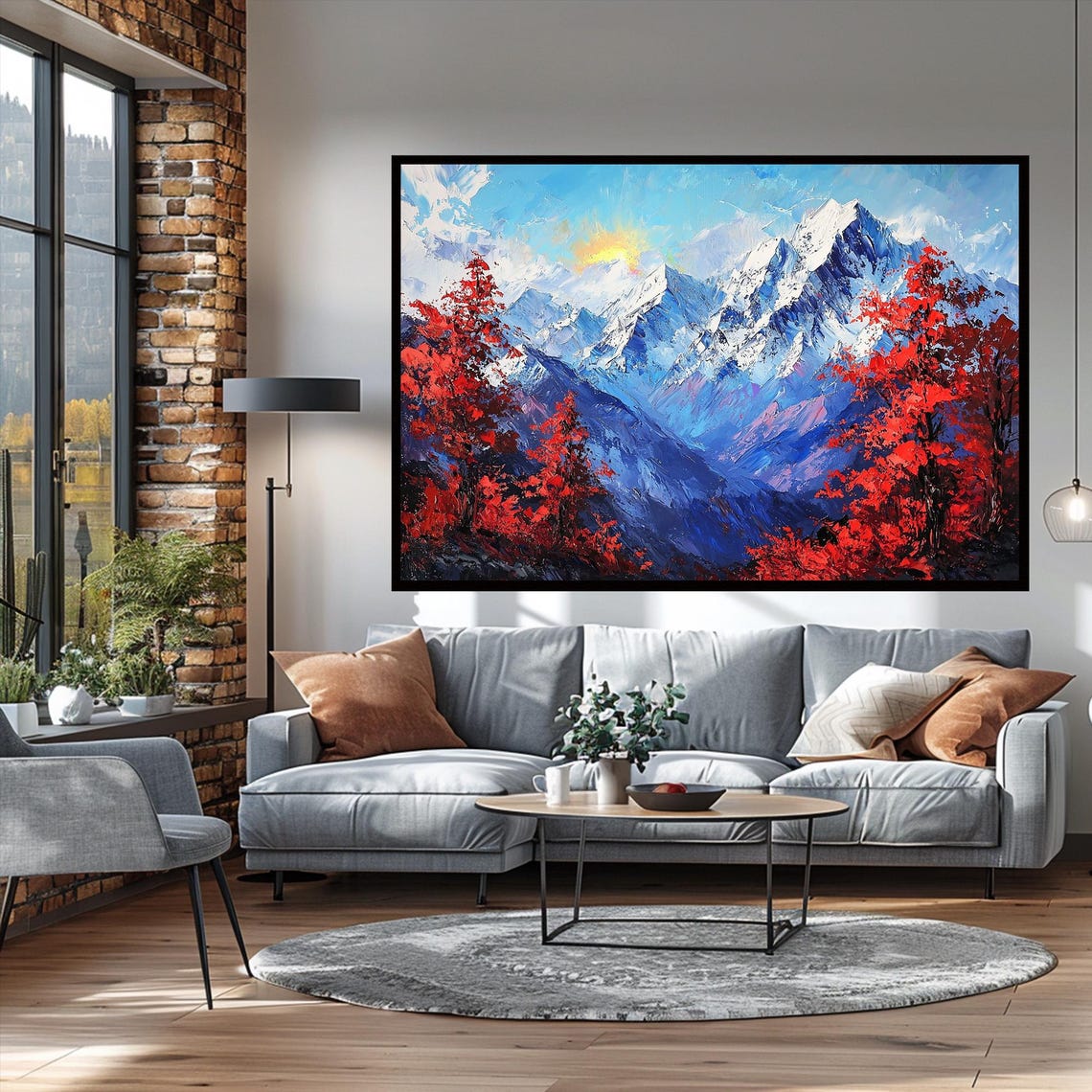 Crimson Autumn Trees Snowy Blue Mountains Sunrise Oil Poster - Image 3