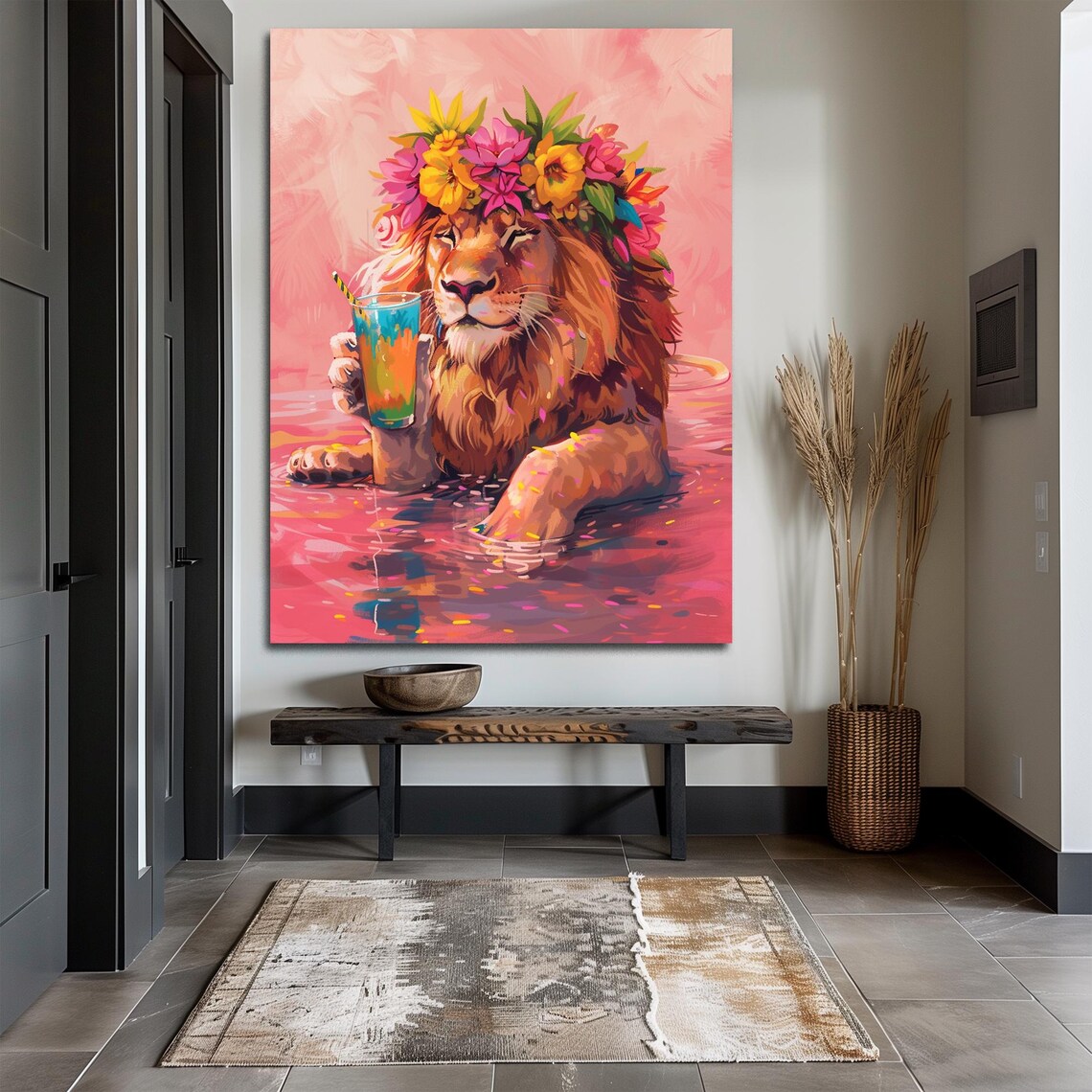 Playful Lion Poolside Cocktail Party Flower Crown Pop Art Poster - Image 3