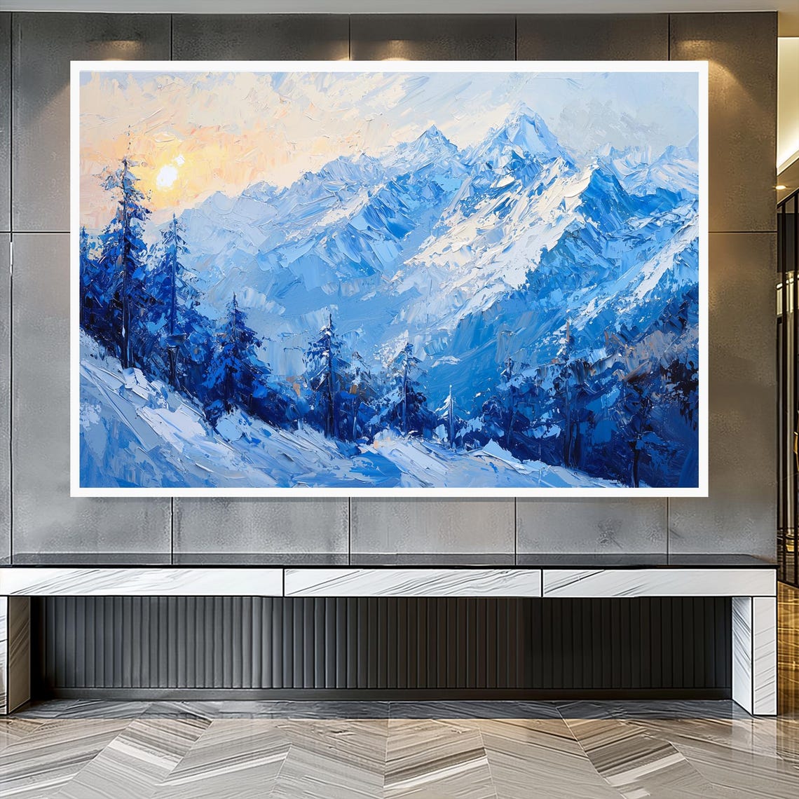 Snowy Blue Mountains Pine Forest Winter Sunrise Impasto Poster - Image 2