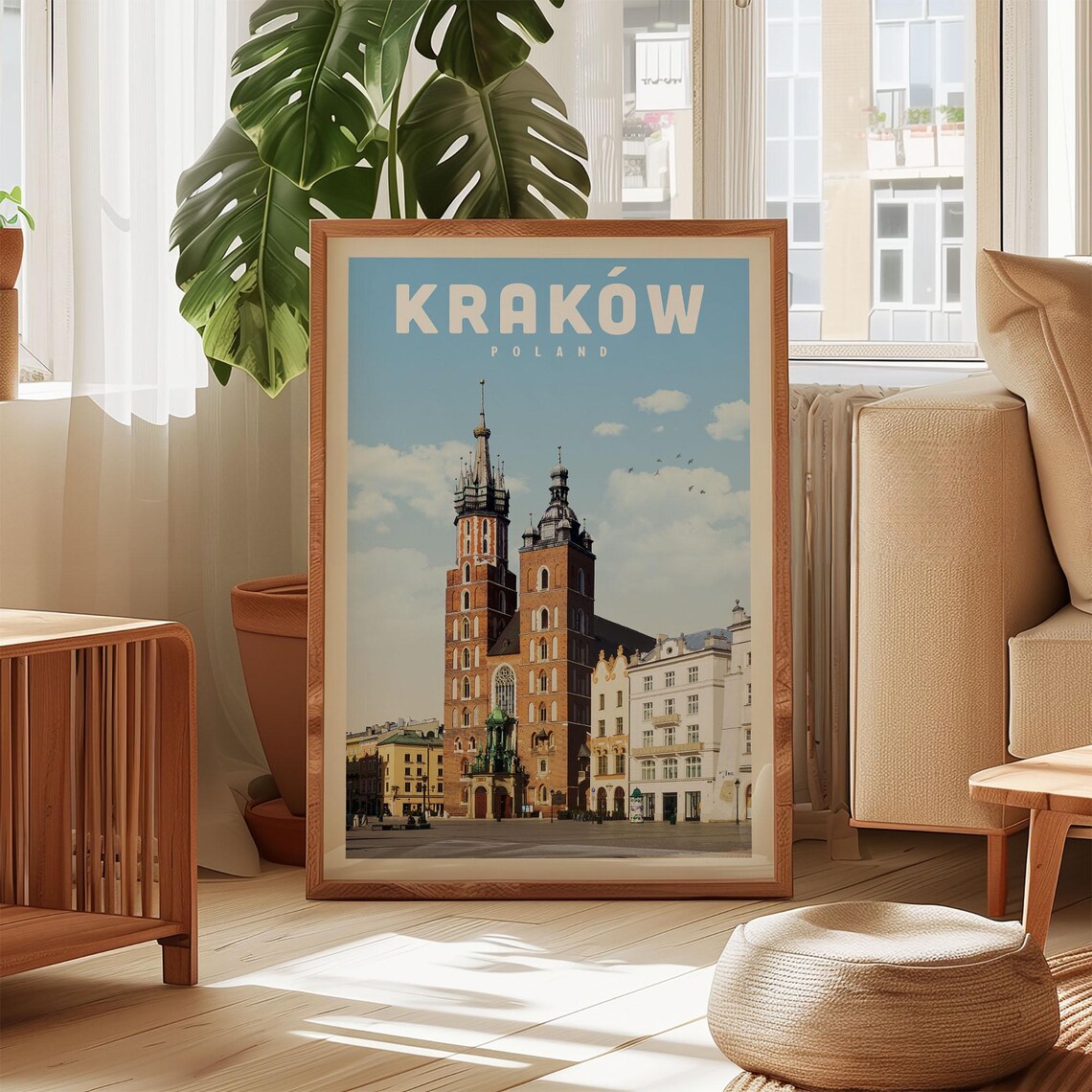 Krakow Poland Old Town Square Saint Mary Basilica Towers Travel Poster