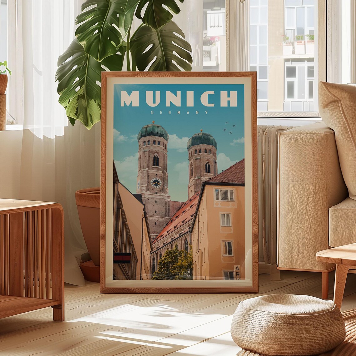 Munich Germany Frauenkirche Twin Towers Vintage Travel Poster