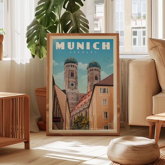 Munich Germany Frauenkirche Twin Towers Vintage Travel Poster