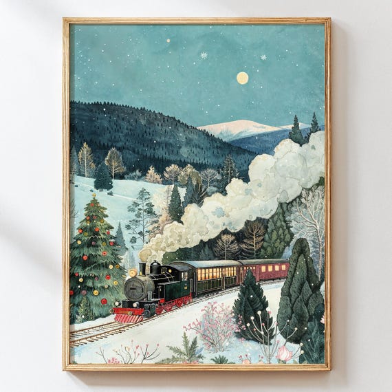 Christmas Train Art Print Vintage Winter Railway Illustration Holiday Wall Snowy Landscape Decor