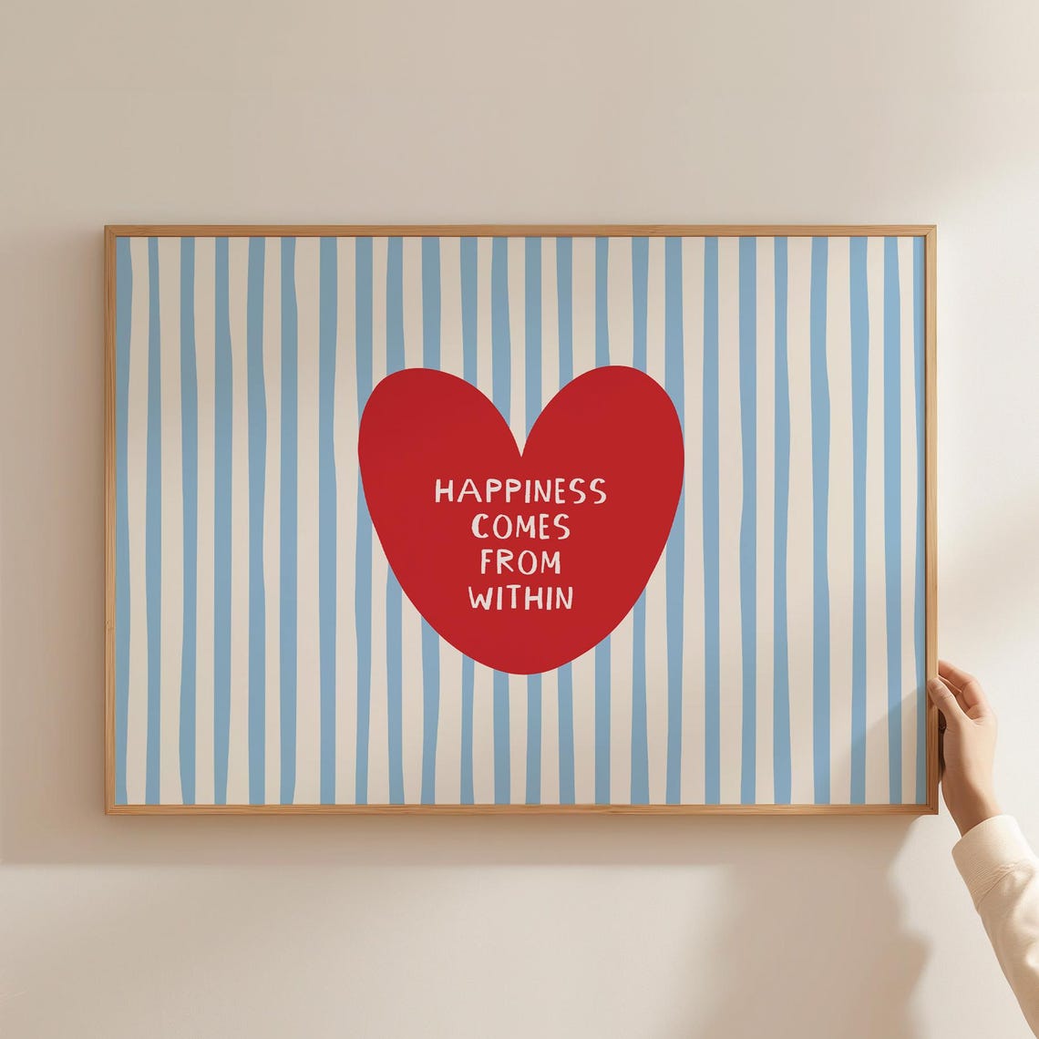 Happiness Comes From Within Red Heart Striped Quote Decor Poster