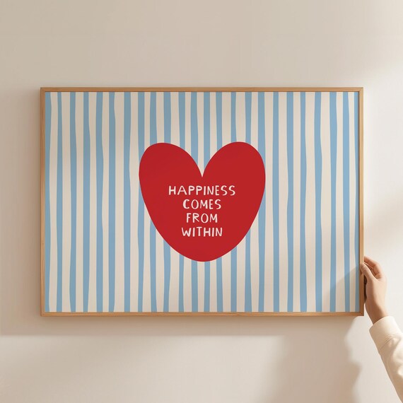 Happiness Comes From Within Red Heart Striped Quote Decor Poster