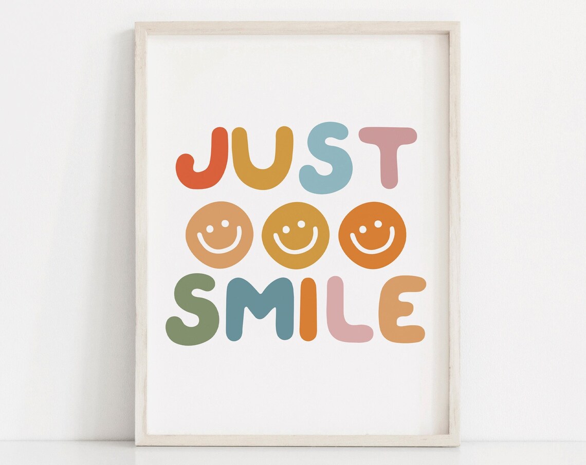 Just Smile Multicolor Smiley Face Happy Retro Kids Quote Poster