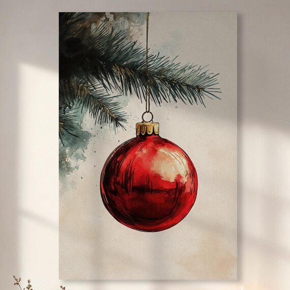 Single Glossy Red Bauble Hanging From A Frosty Pine Branch Poster