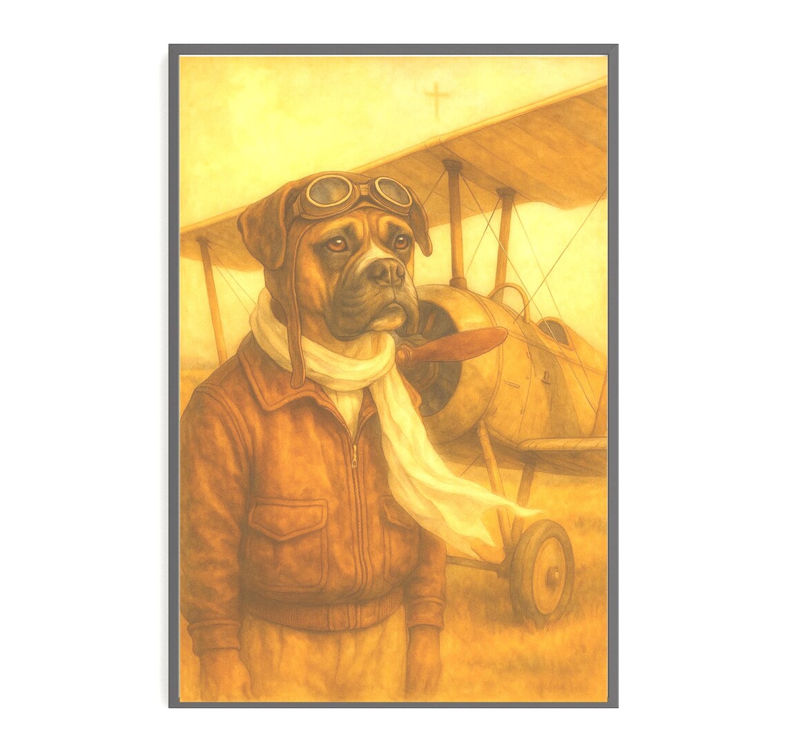 Boxer Biplane Design Art Print, Dog Portrait