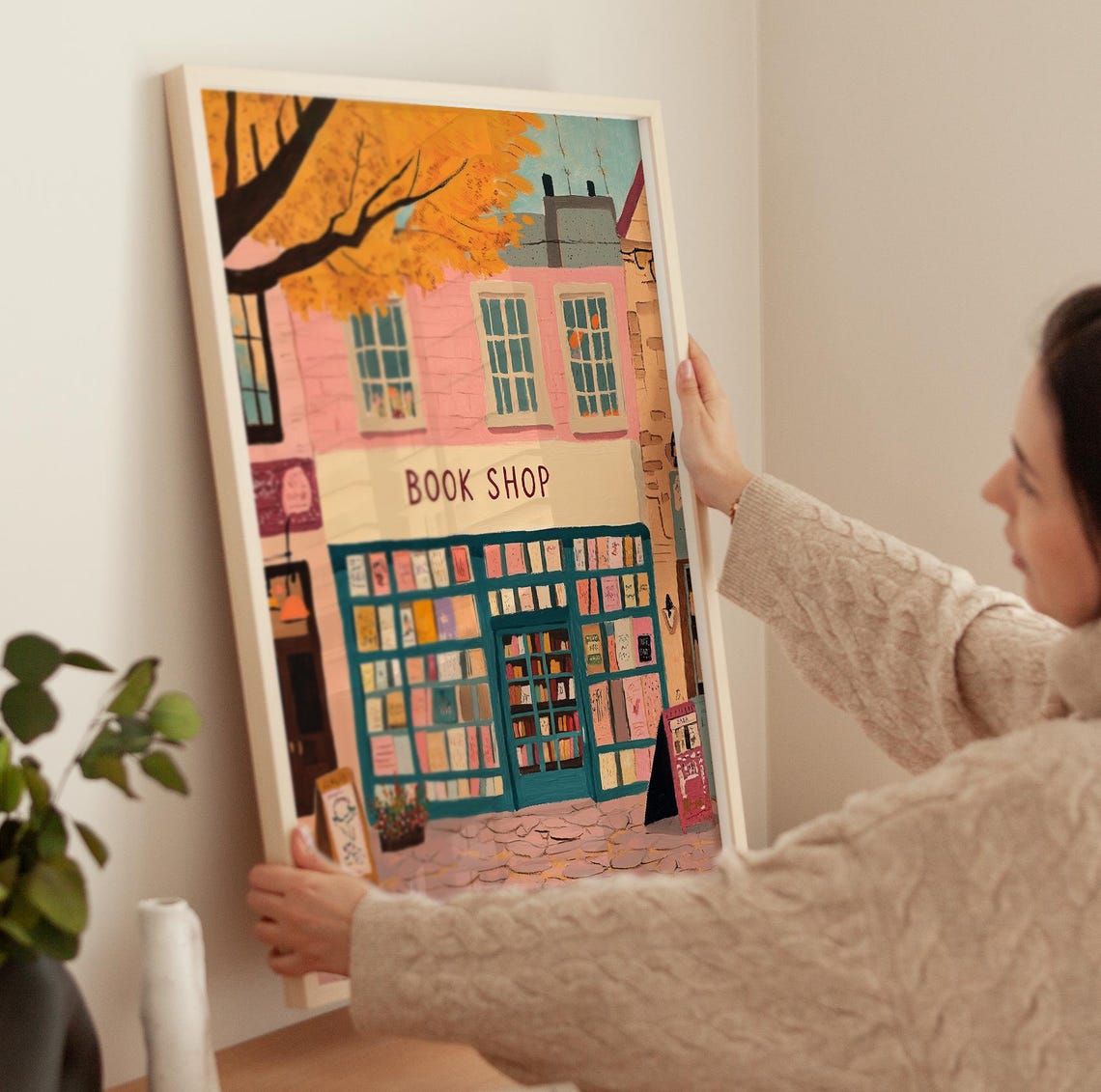 Pink Book Shop Storefront Illustration Cozy Reading Decor Poster - Image 3