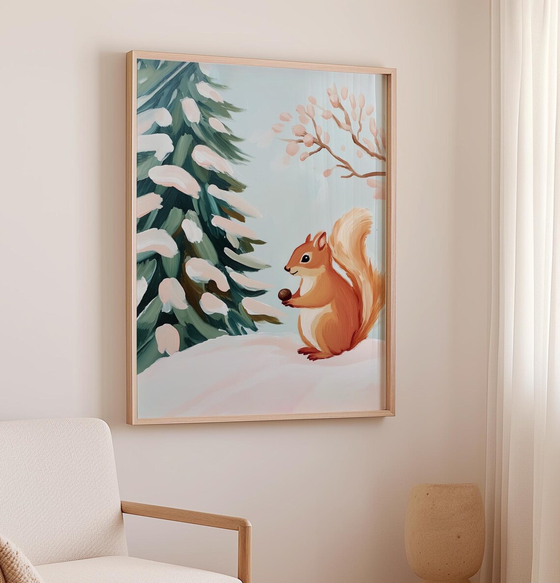 Cute Squirrel With Nut In Snowy Winter Woodland Scene Art Poster - Image 2