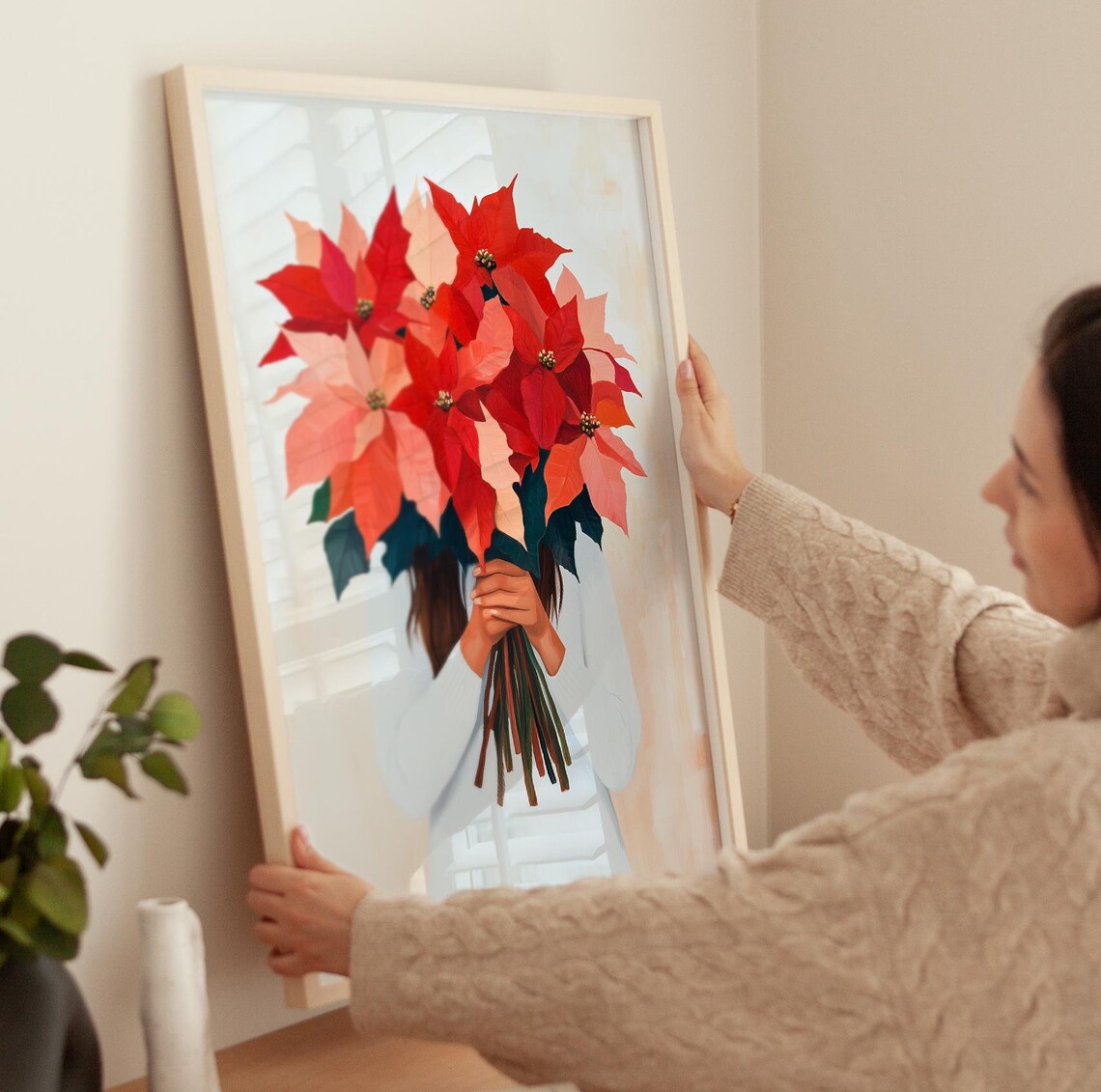 Woman Holding A Large Poinsettia Bouquet Christmas Floral Poster - Image 3