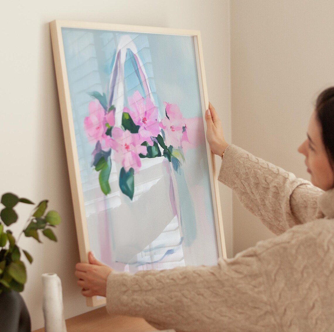 Pink Flowers in White Tote Bag Soft Floral Still Life Poster - Image 3