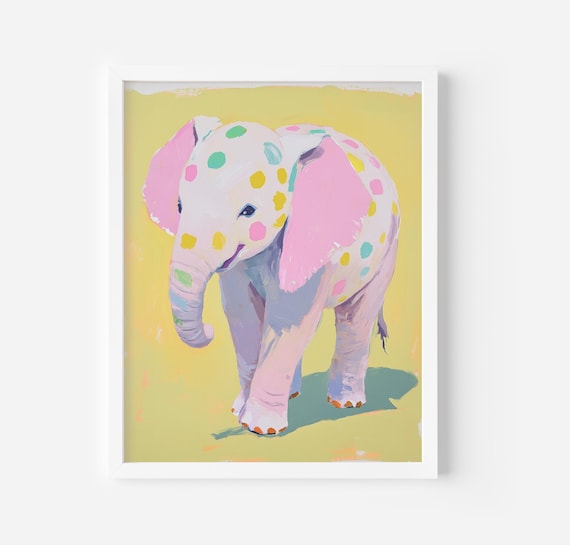 Cute Colorful Spotted Baby Elephant Pink Ears Nursery Art Poster