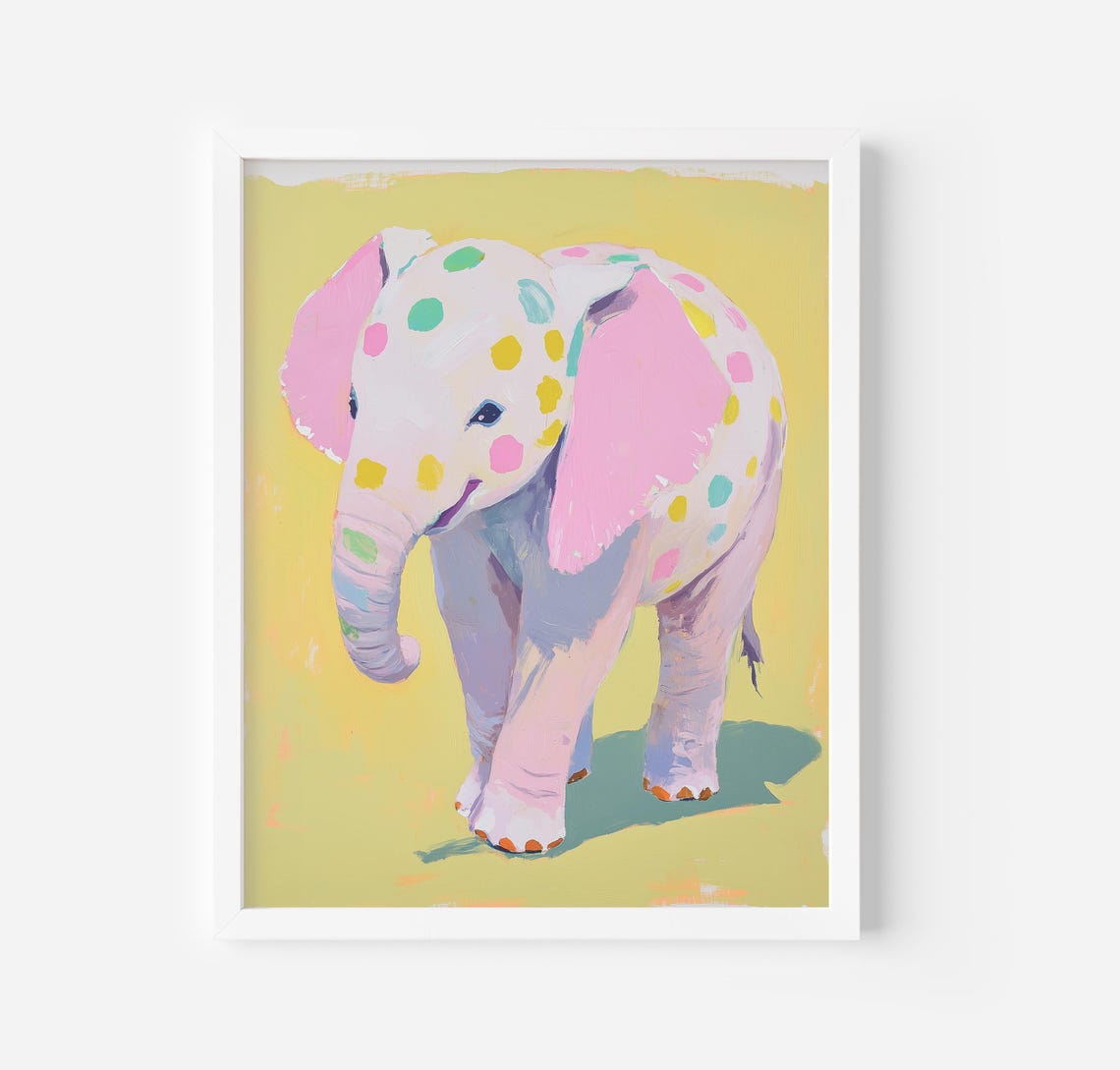 Cute Colorful Spotted Baby Elephant Pink Ears Nursery Art Poster