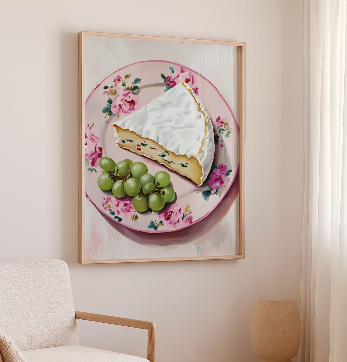 Brie Cheese Wedge Grapes Floral Plate Gourmet Still Life Wall Poster - Image 3