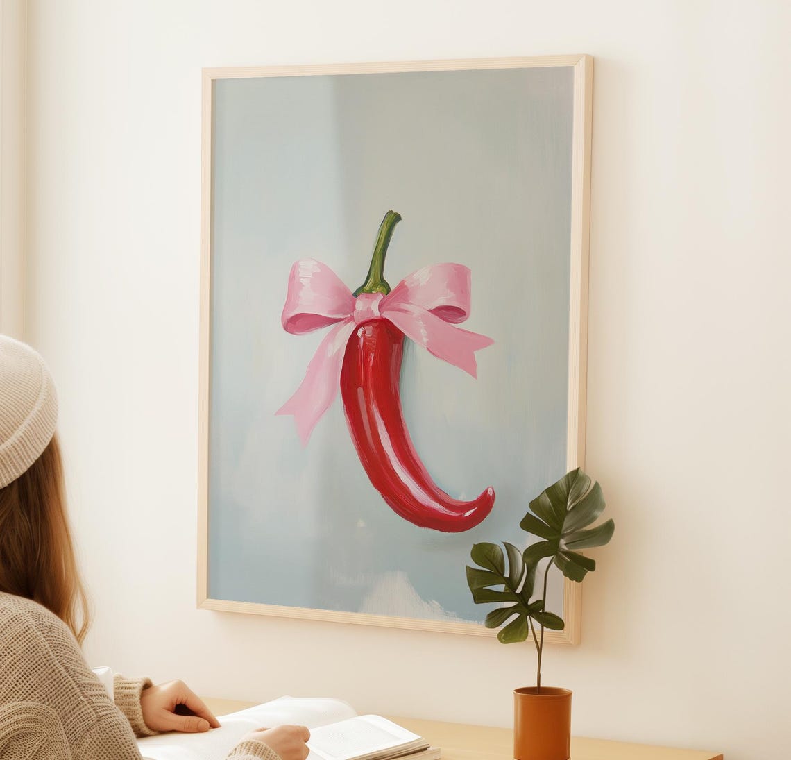 Red Chili Pepper With Pink Bow Quirky Kitchen Wall Art Poster - Image 2