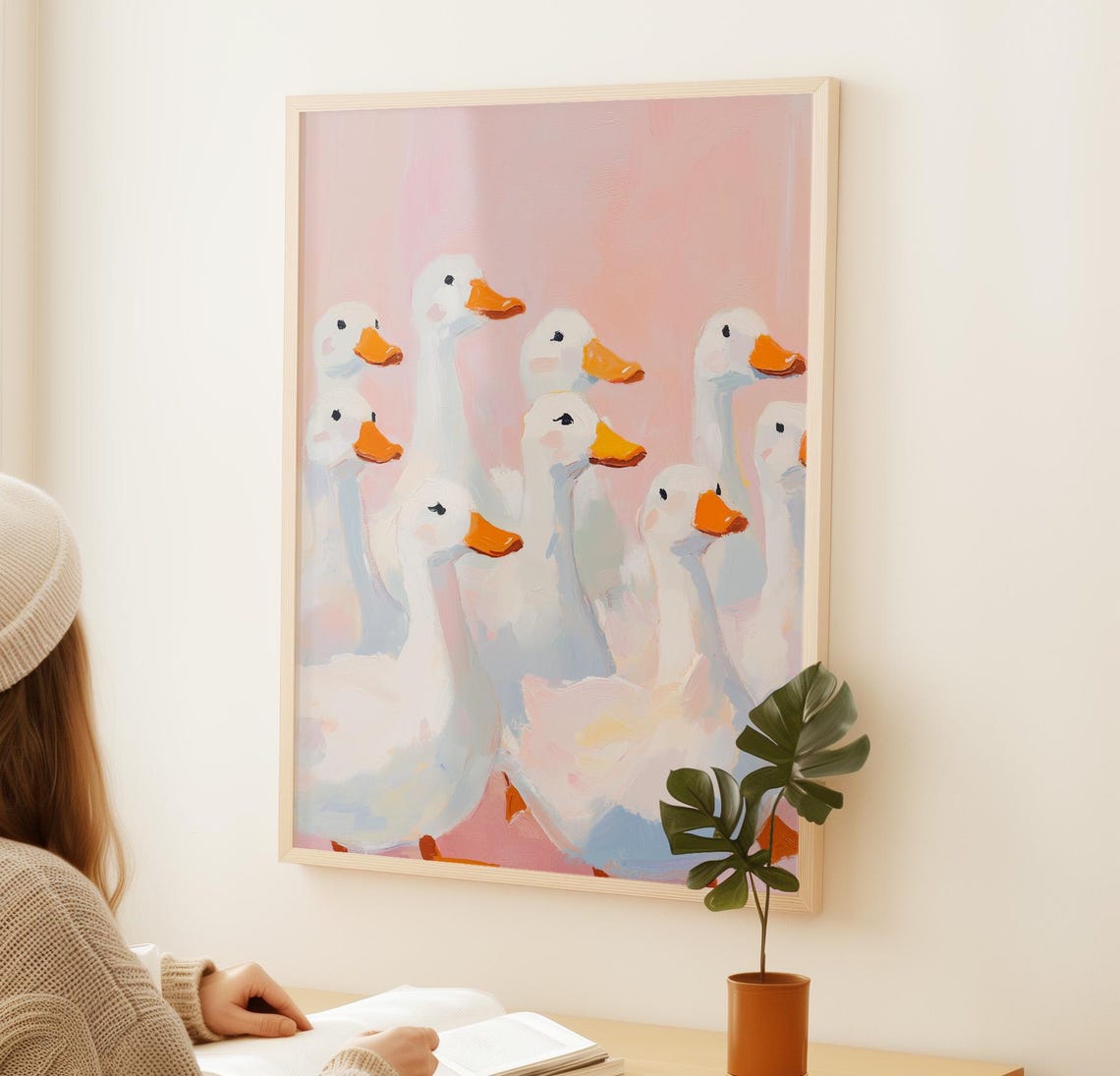 White Ducks On Pink Background Cute Farm Animal Nursery Art Poster - Image 2