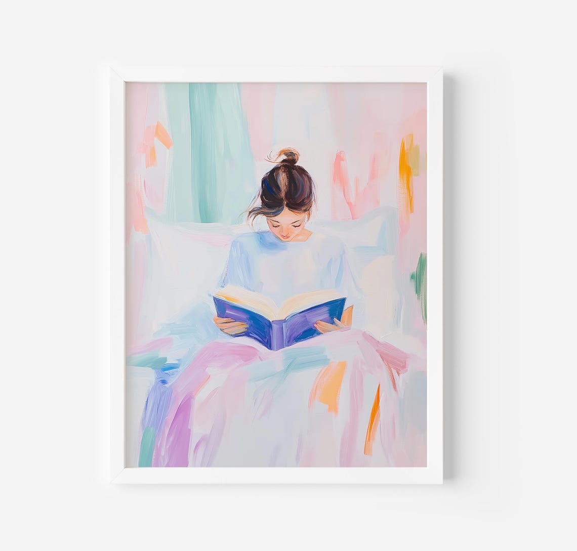 Woman Reading Book Pastel Bedroom Quiet Cozy Book Lover Art Poster