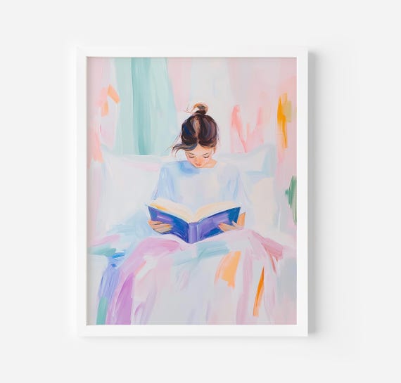 Girl Reading Book Pastel Colours Painting Book Nook Wall Art Print Girls Room Decor Library Book Lover Gift