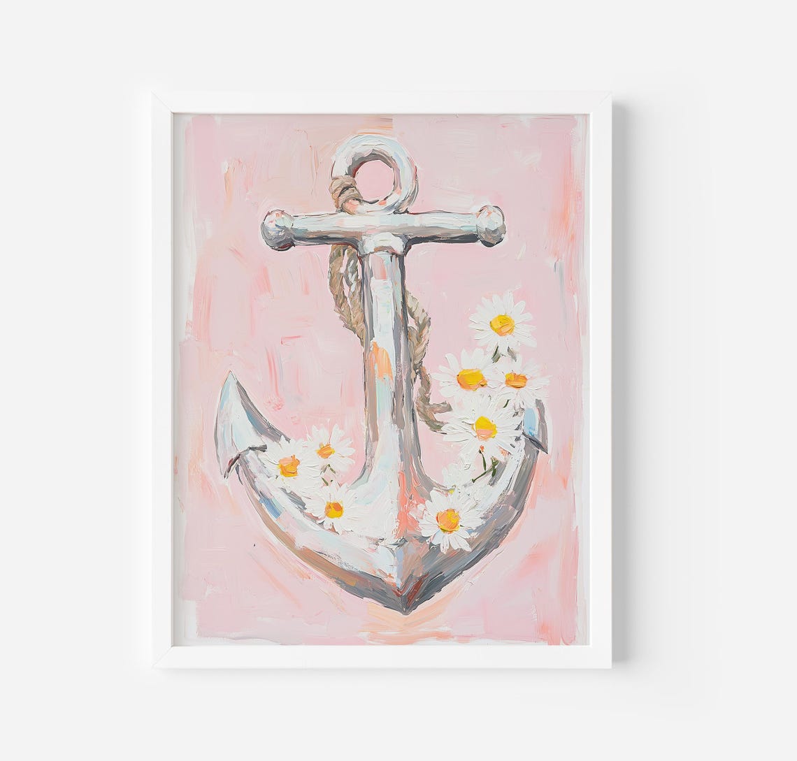 Silver Anchor with Daisies Pink Nautical Coastal Sea Decor Poster