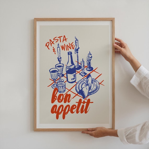 Pasta And Wine Bon Appetit Poster Retro Italian Dinner Table Art Print