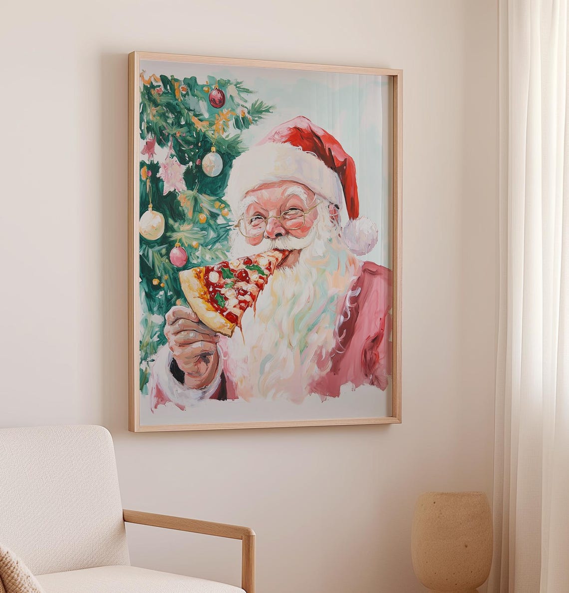 Santa Claus Eating Pizza Slice Funny Quirky Christmas Art Poster - Image 2