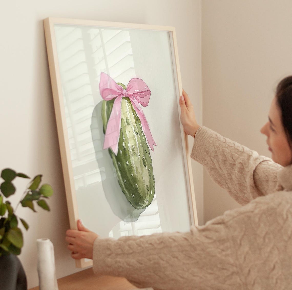 Dill Pickle With Pink Bow Quirky Watercolor Kitchen Art Poster - Image 4