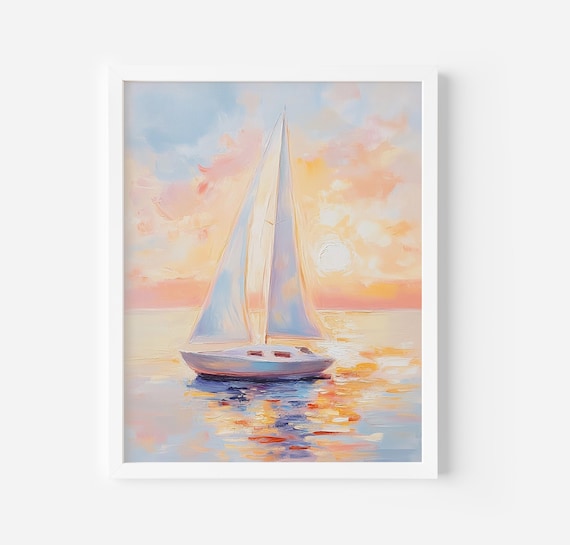 Sailboat On Golden Sunset Water Pastel Sailing Painting Poster