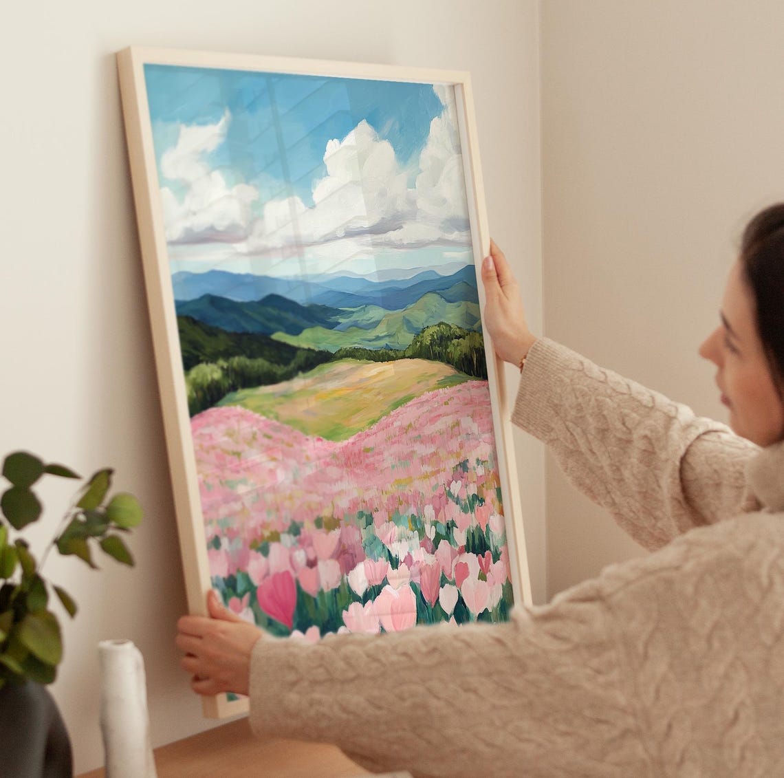 Rolling Hills Covered In Pink Heart Flowers Meadow Art Poster - Image 4