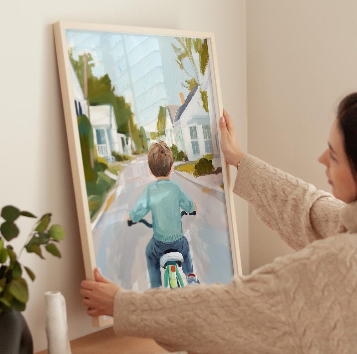 Little Boy Riding Bicycle Down A Sunny Neighborhood Street Poster - Image 3