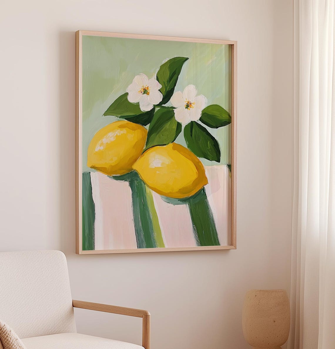 Two Lemons With White Blossoms Striped Table Still Life Poster - Image 2