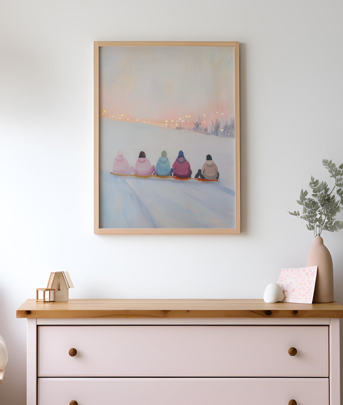 Winter Sunset Sledding Friends Snowy Landscape Holiday Poster - Image 2