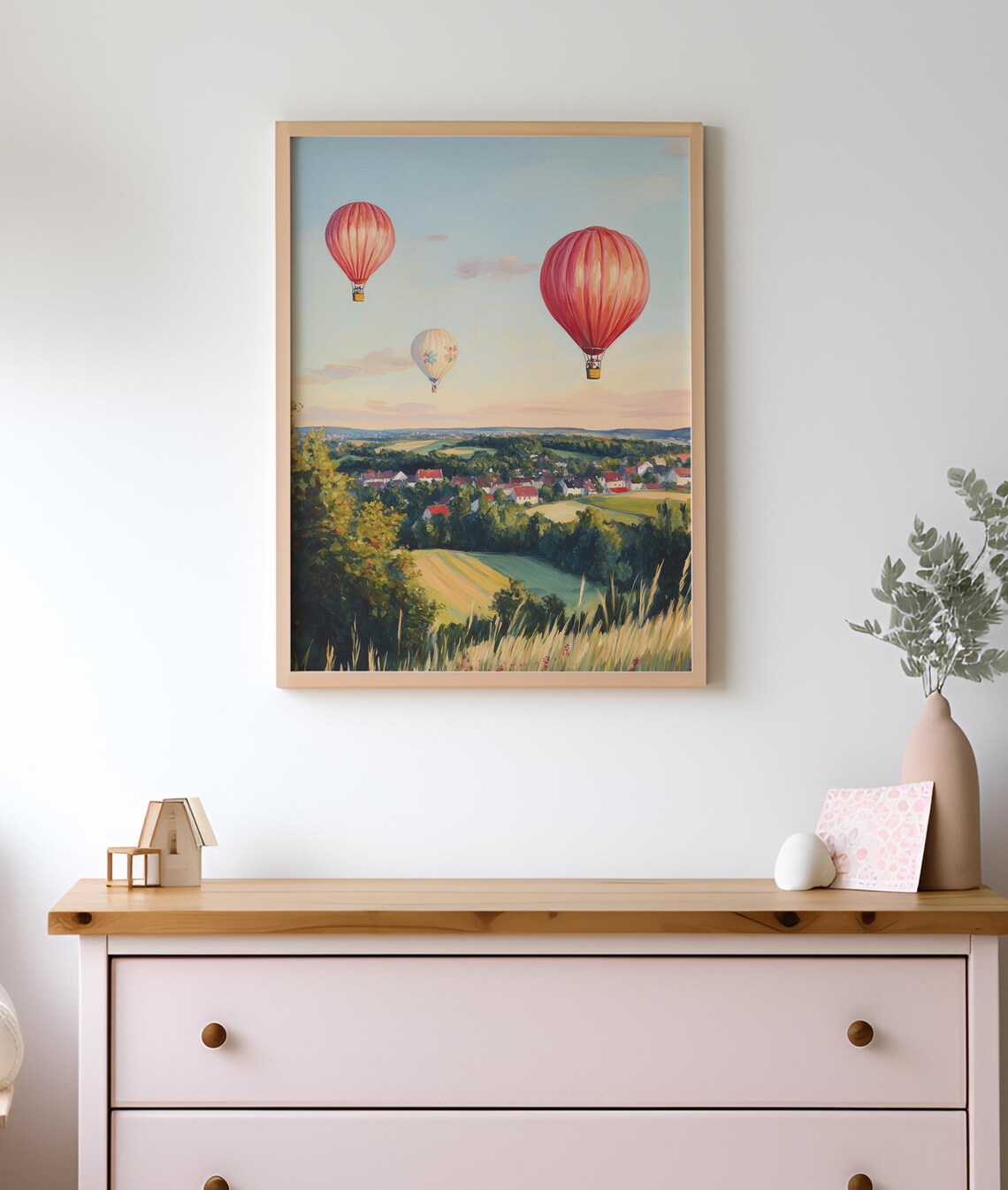 Hot Air Balloons Over Village Sunset Rolling Hills Golden Sky Poster - Image 3