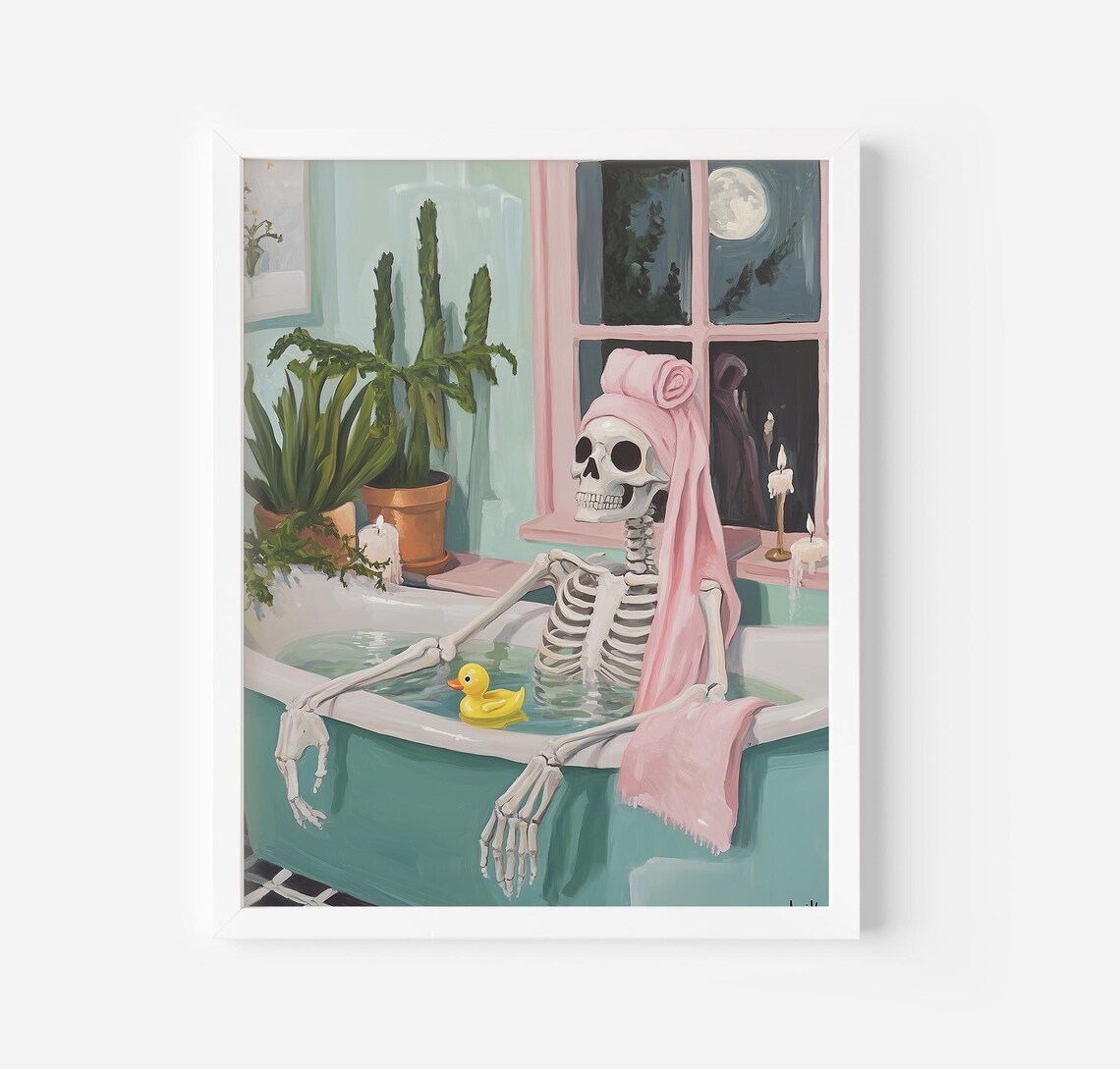 Skeleton in Bathtub, Moonlit Bathroom Wall Art Print