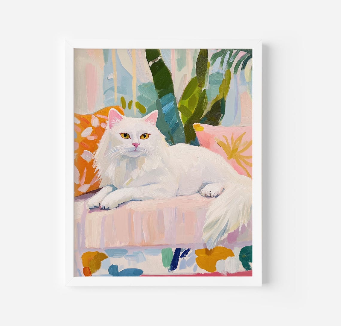 White Longhaired Cat On Colorful Couch Tropical Pastel Poster