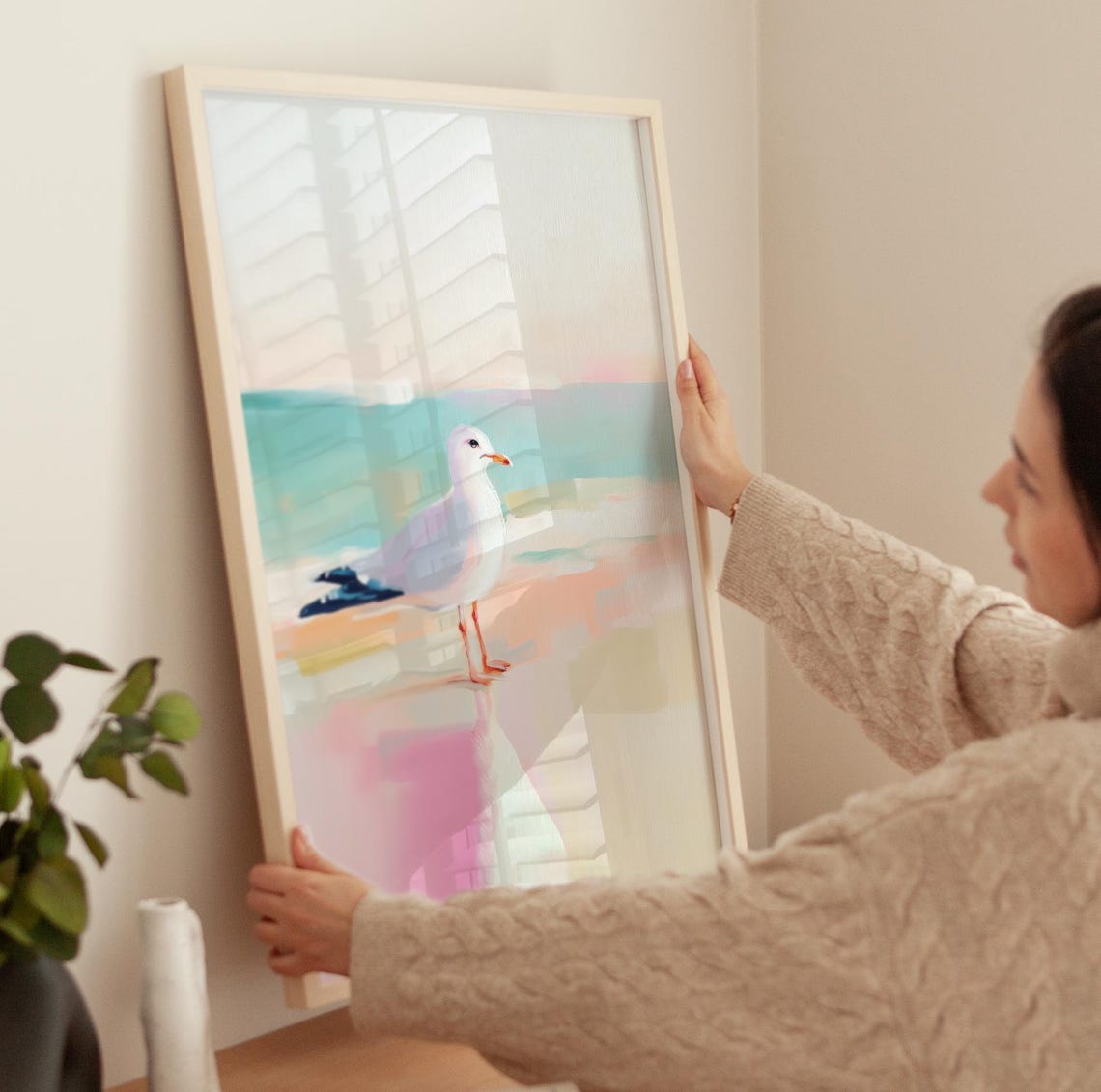 White Seagull Standing On Pastel Beach Coastal Nautical Poster - Image 3