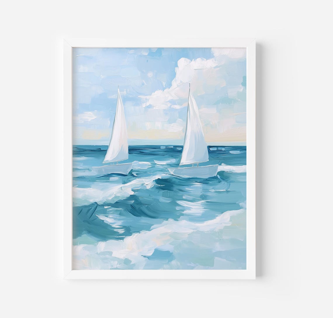 Two White Sailboats On Blue Ocean Waves Coastal Nautical Art Poster