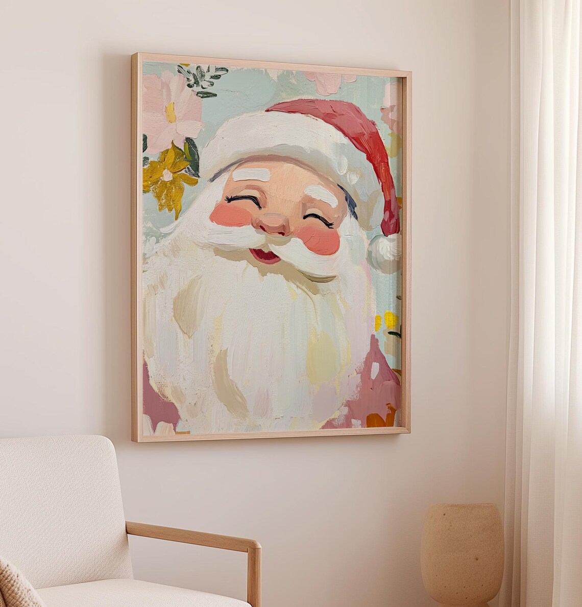 Cute Santa Art, Soft Floral Christmas Poster - Image 2