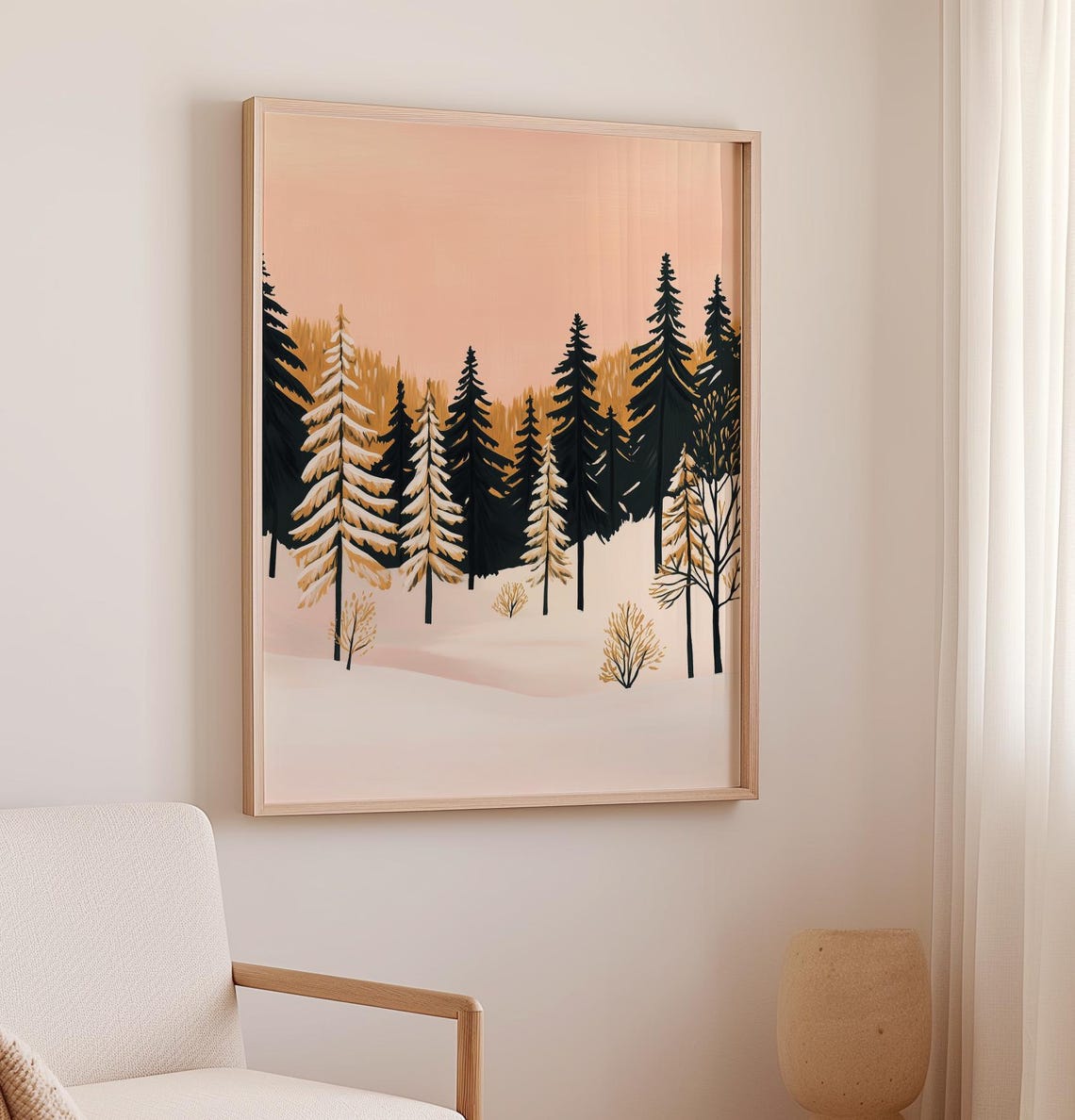 Snowy Pine Forest Winter Landscape Black White Trees Wall Poster - Image 2