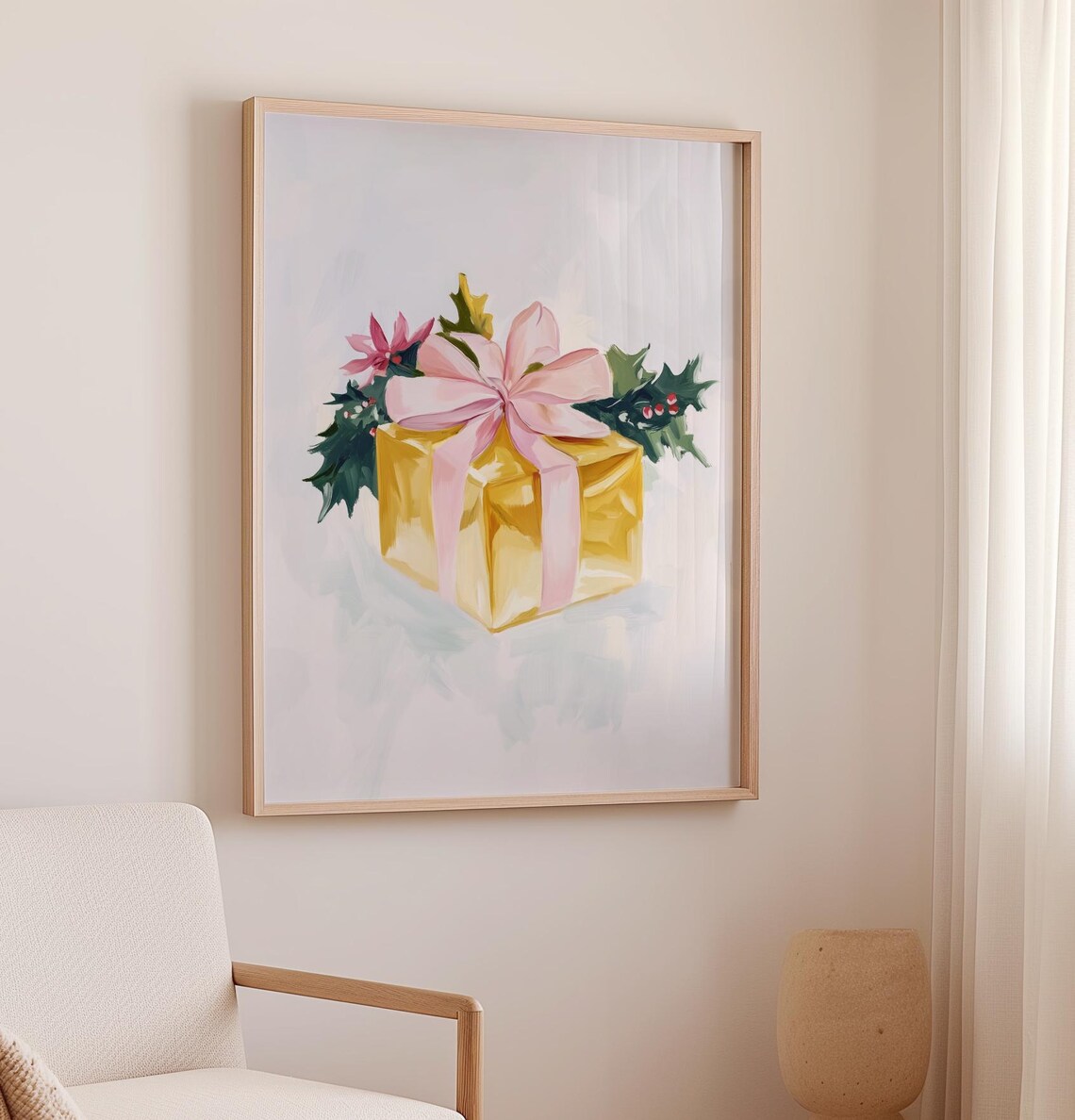 Gold Gift Box With Pink Bow Holly And Poinsettia Christmas Poster - Image 2
