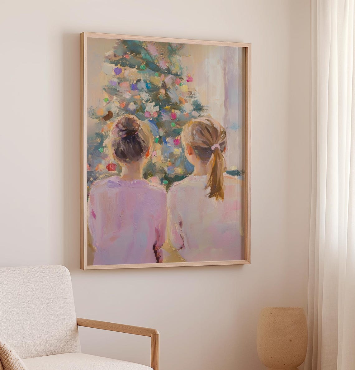 Two Girls Gazing At A Pastel Christmas Tree Holiday Scene Poster - Image 2