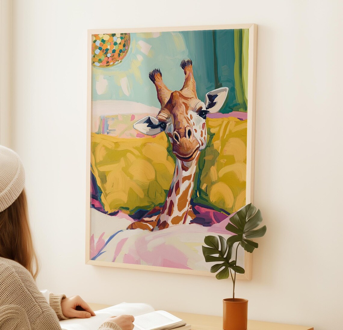 Curious Giraffe Peeking Over Colorful Pillows Disco Ball Bedroom Art Poster - Image 2
